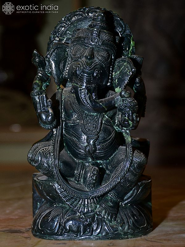 8" Chaturbhuj Lord Ganesha | Orissa Stone Statue | Exquisite Handmade Indian Art
