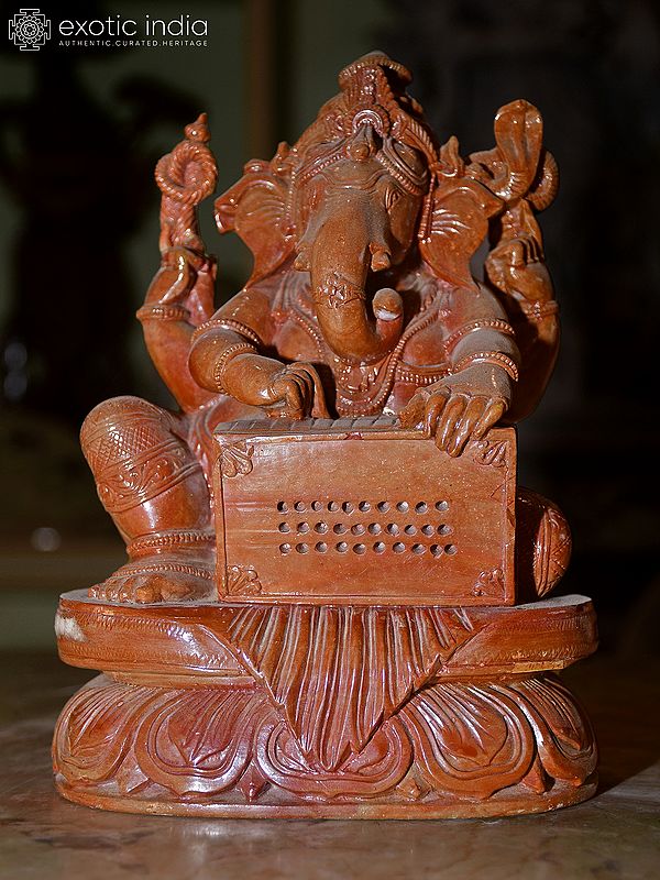 8" Lord Ganesha Playing Harmonium | Orissa Red Stone Statue | Exquisite Handmade Indian Art