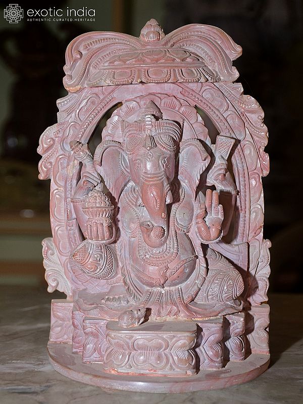 10" Lord Ganesha Sitting in Blessing Pose | Orissa Red Stone Statue | Exquisite Handmade Indian Art