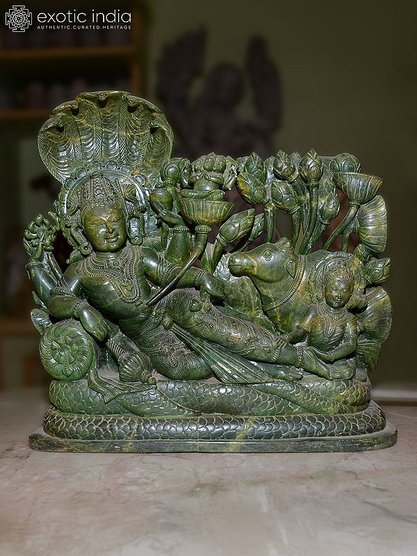 14" Lord Vishnu Reclining on Sheshnag - Anantashayana | Orissa Green Stone Statue| Exquisite Indian Art
