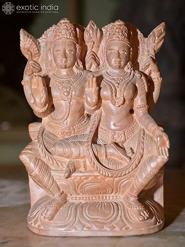 6" Vishnu and Lakshmi Seated in Blessing Pose | Orissa Red Stone Statue | Exquisite Indian Art