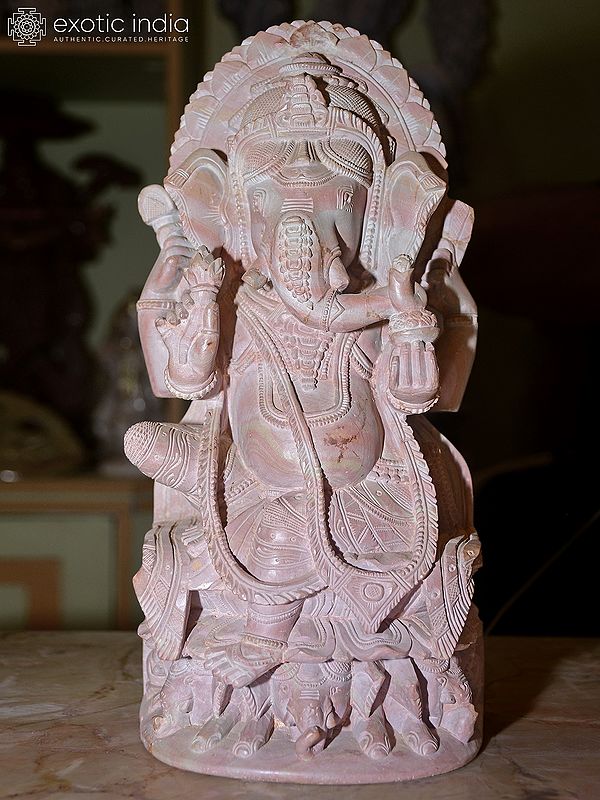 13" Chaturbhuj Lord Ganesha | Orissa Red Stone Statue | Exquisite Indian Handmade Art