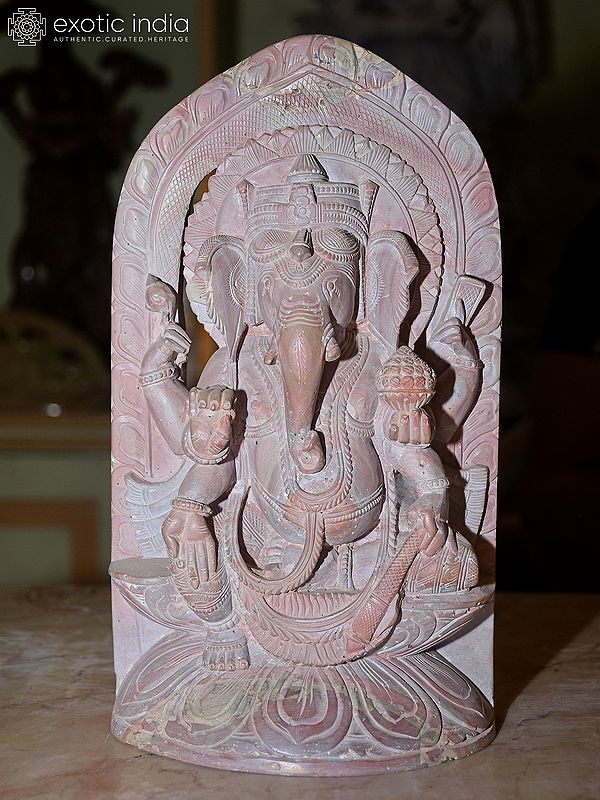 11" Six Armed Lord Ganesha Seated on Lotus Throne | Orissa Stone Statue | Exquisite Indian Handmade Art