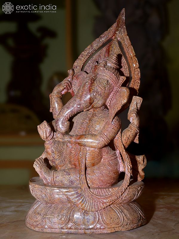 12" Lord Ganesha Seated on a Lotus Seat | Orissa Red Stone Statue | Exquisite Indian Handmade Art