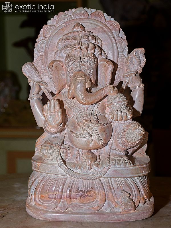 12" Chaturbhuj Lord Ganesha Eating Modak | Orissa Red Stone Statue | Exquisite Indian Handmade Art