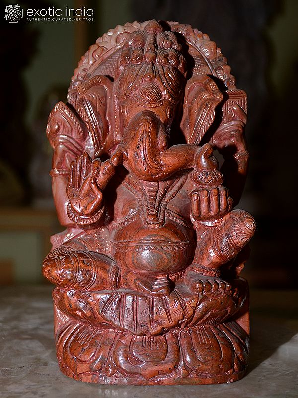8" Chaturbhuj Lord Ganesha | Orissa Red Stone Statue | Exquisite Indian Handmade Art