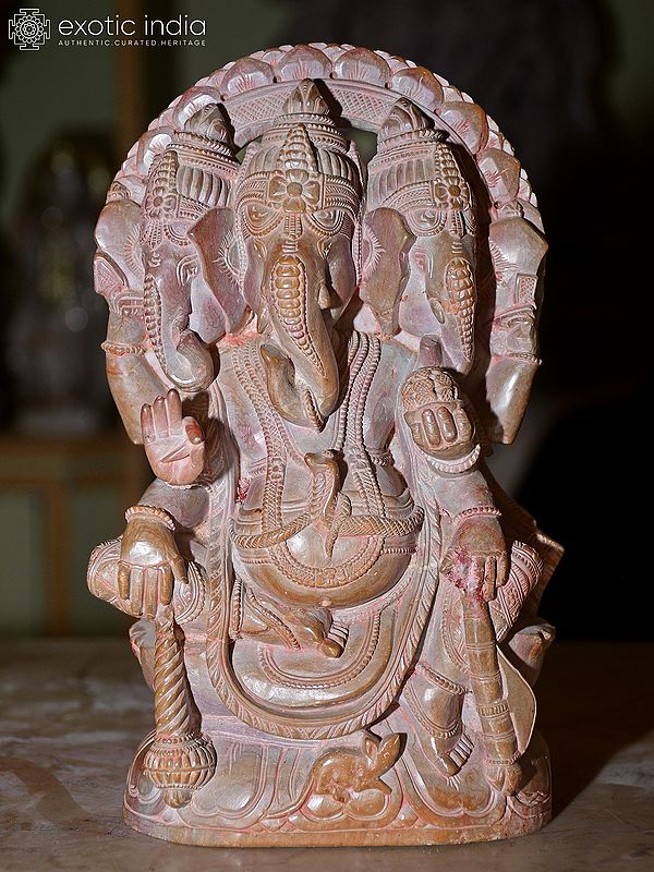 8" Trimukhi Lord Ganesha | Orissa Red Stone Statue | Exquisite Indian Handmade Art
