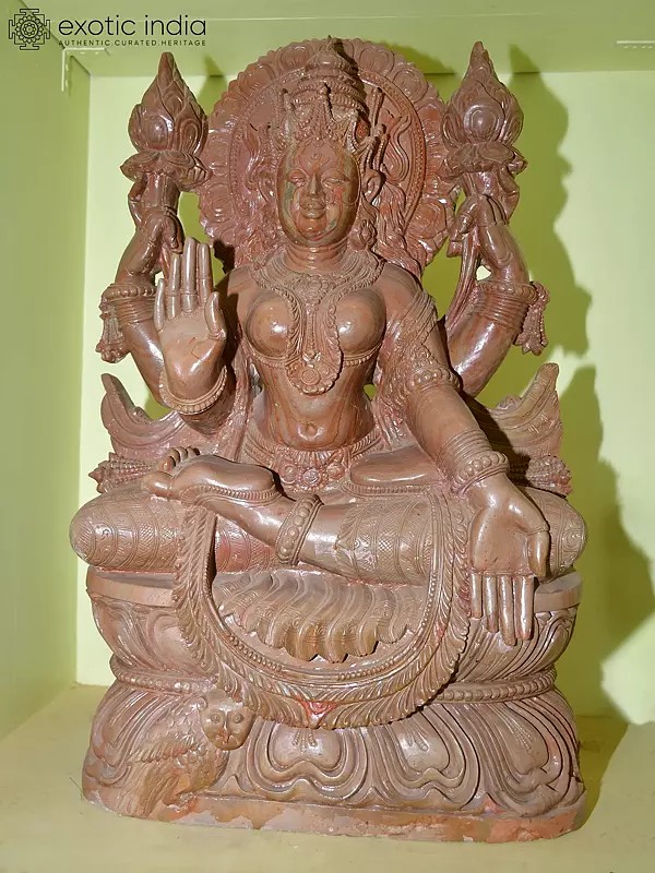24" Maa Lakshmi - Goddess of Wealth and Prosperity | Orissa Red Stone Statue | Handmade Indian Art