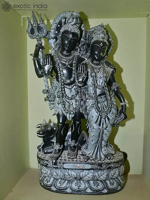 26" Shiva Parvati Statue | Handcrafted Orissa Black Stone Sculpture | Exquisite Indian Handmade Art