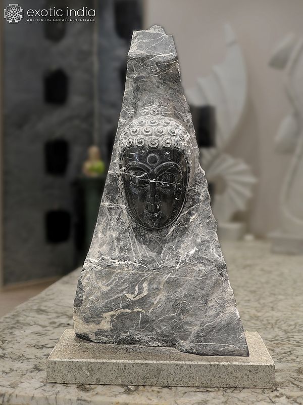36" Lord Buddha Face Statue | Modern Art Sculpture | Black Marble | Exquisite Indian Art