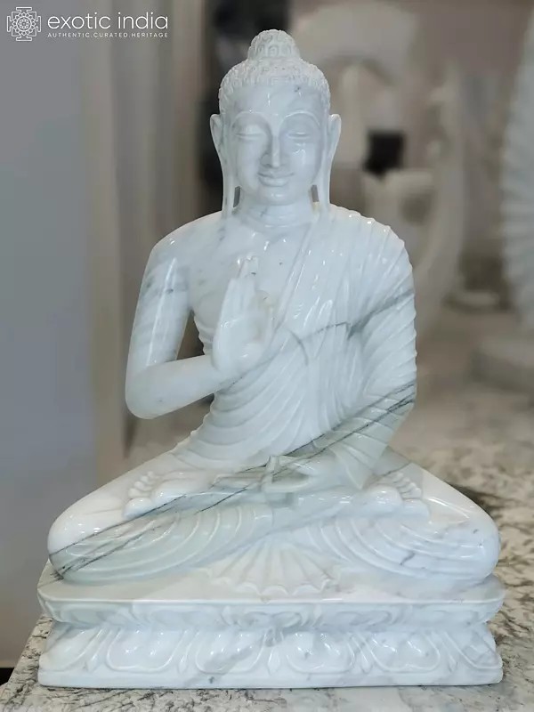36" Lord Buddha - Vitarka Mudra | White Marble Statue | Exquisite Indian Art