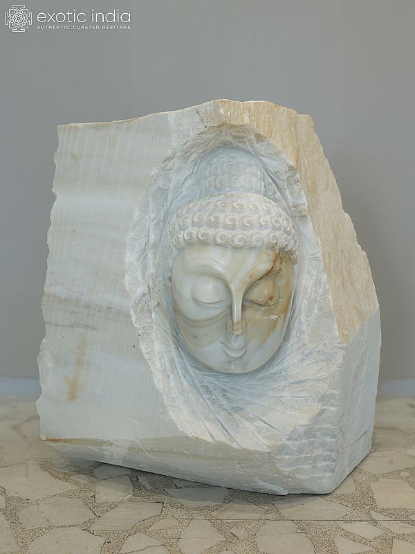 24" Lord Buddha Face | Modern Art Sculpture | White Marble | Exquisite Indian Art