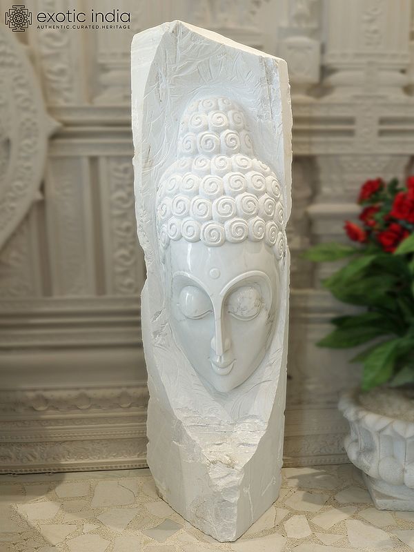 58" Lord Buddha Face | Modern Art Statue | White Marble | Excellent Indian Art