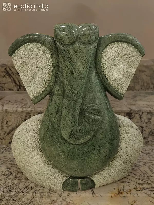 36" Seated Lord Ganesha | Modern Art Sculpture | Green Marble | Exquisite Indian Art