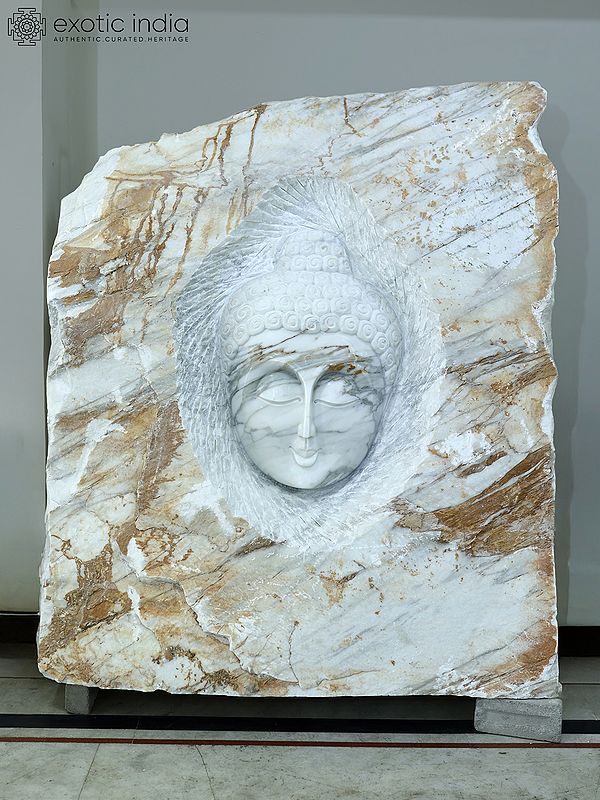 68" Lord Buddha Face | Modern Art Sculpture | White Marble | Exquisite Indian Art