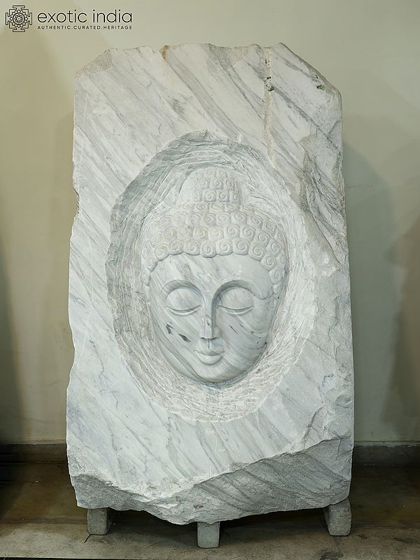 60" Lord Buddha Face - Great Saint | Modern Art Sculpture | White Marble | Exquisite Indian Art