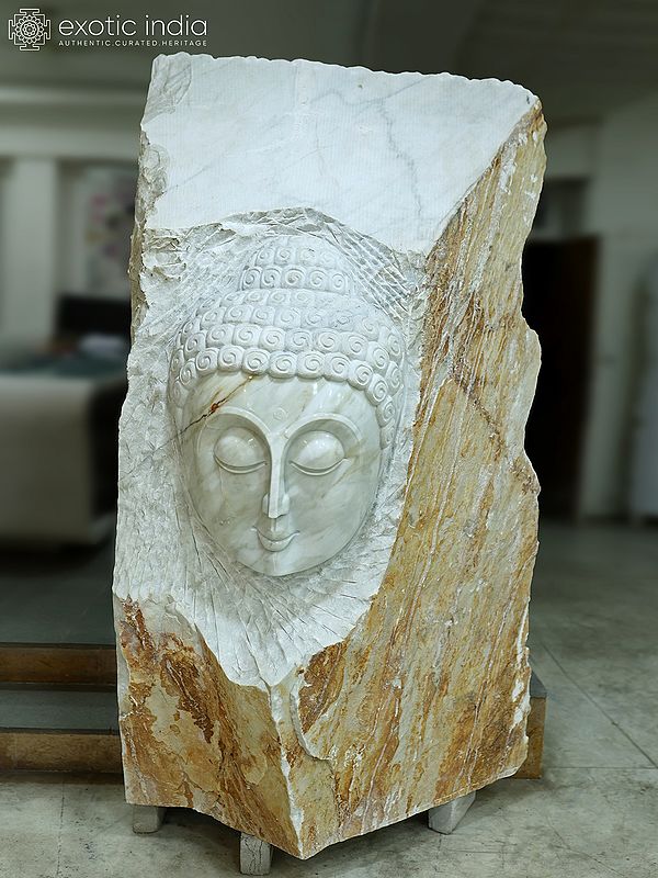 78" Lord Buddha Face | Modern Art Sculpture | White Marble | Exquisite Indian Art