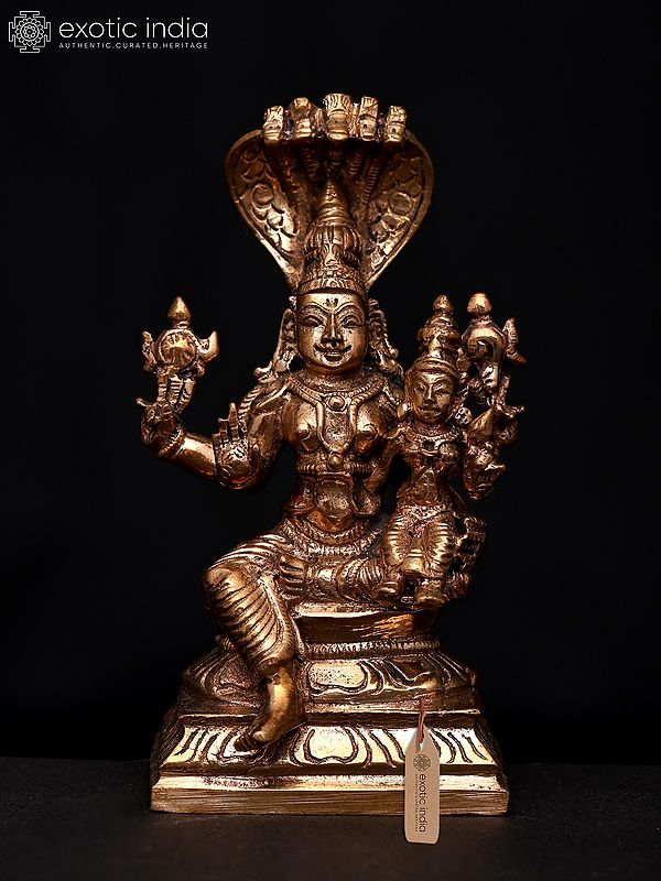 4" Small Lord Vishnu and Goddess Lakshmi Seated on Lotus | Bronze Statue | Made in India