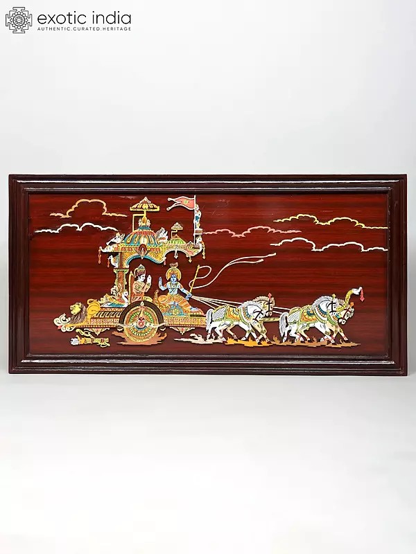 48" Geeta Updesh with Lord Krishna and Arjun - Mahabharata | Natural Color on 3D Wood Panel with Inlay Work