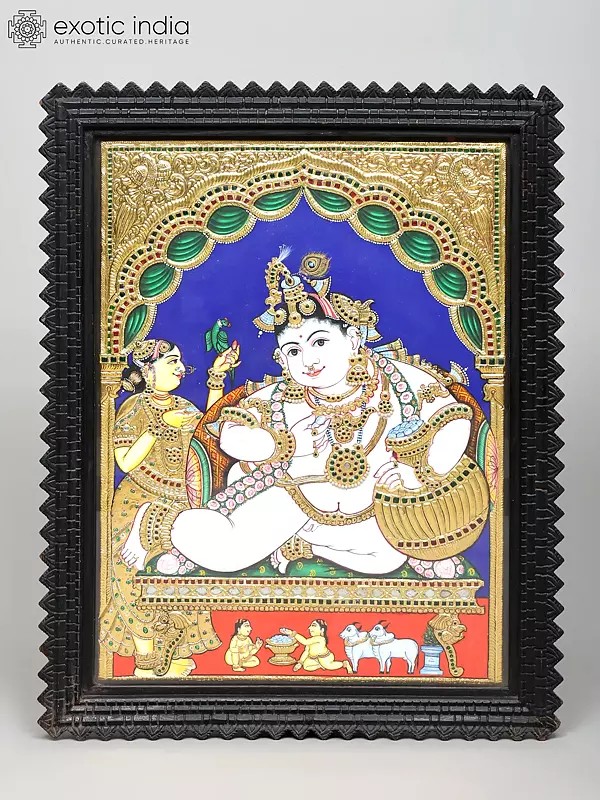 28" Little Krishna Eating Butter Tanjore Painting | Traditional Colors With 24K Gold