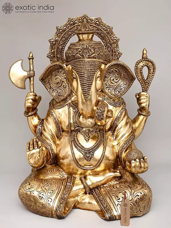 45" Large Vighnaharta Lord Ganesha Seated Gesture with Four Arms | Brass Statue | Made in India