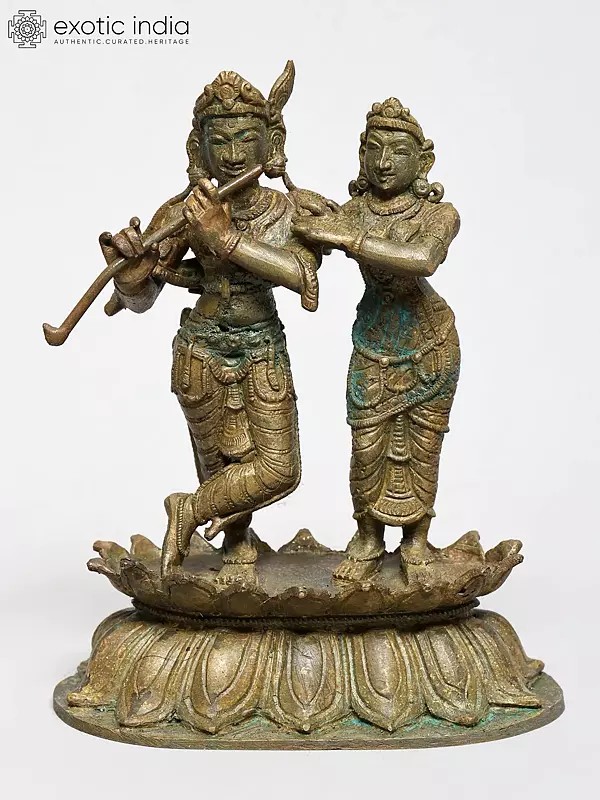 5" Small Radha and Krishna Standing on Lotus - The Divine Pair | Bronze Idol | Made in India