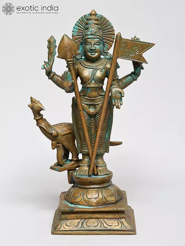 12" Four Armed Lord Murugan Swami (Kartikeya) with Vel and Peacock | Bronze Statue | Made in India