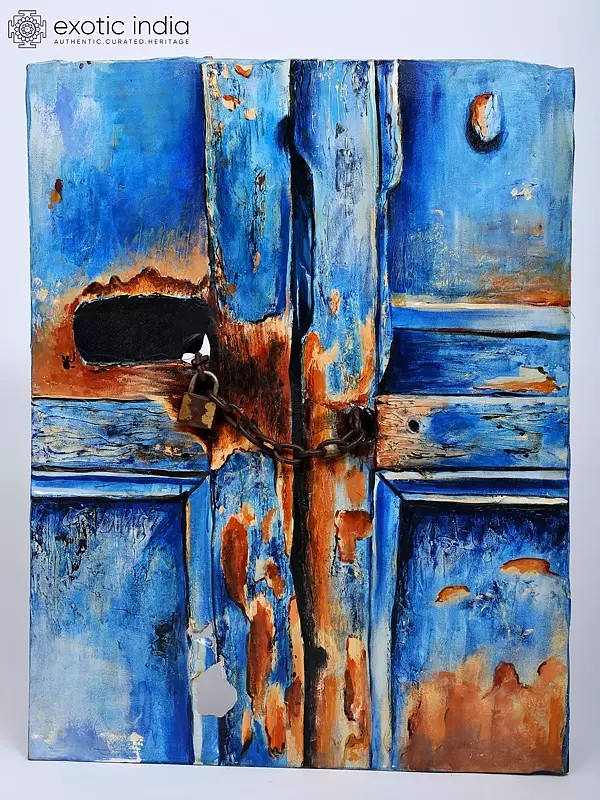 Blue Door with A Real Padlock and Chain - Old Memory | Acrylic on Canvas | Handmade Painting