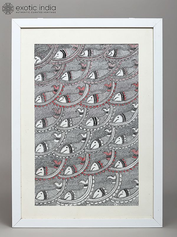 Floating Fishes - Madhubani Art | Watercolor on Paper | Handmade Painting | With Frame