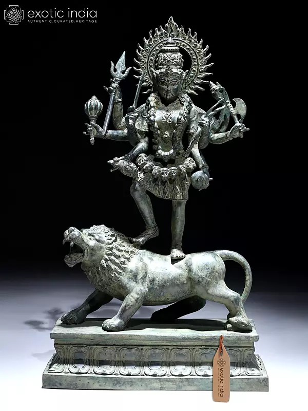 21" Eight Armed Goddess Mahakali Standing on Roaring Lion | Balinese Brass Statue | Made in India