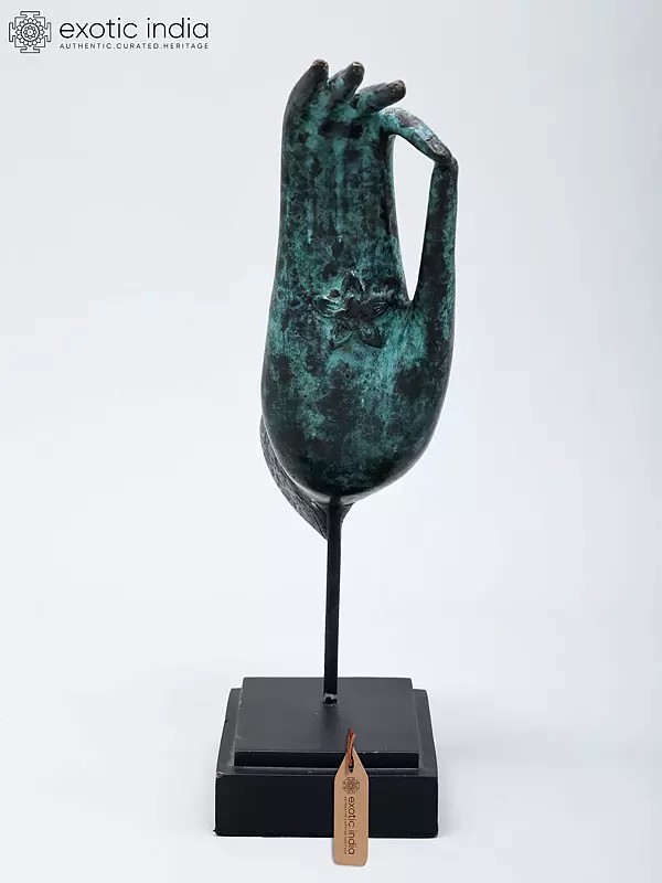 11" Lord Buddha’s Blessing Hand with Lotus Imprint | Brass Sculpture on Wooden Base