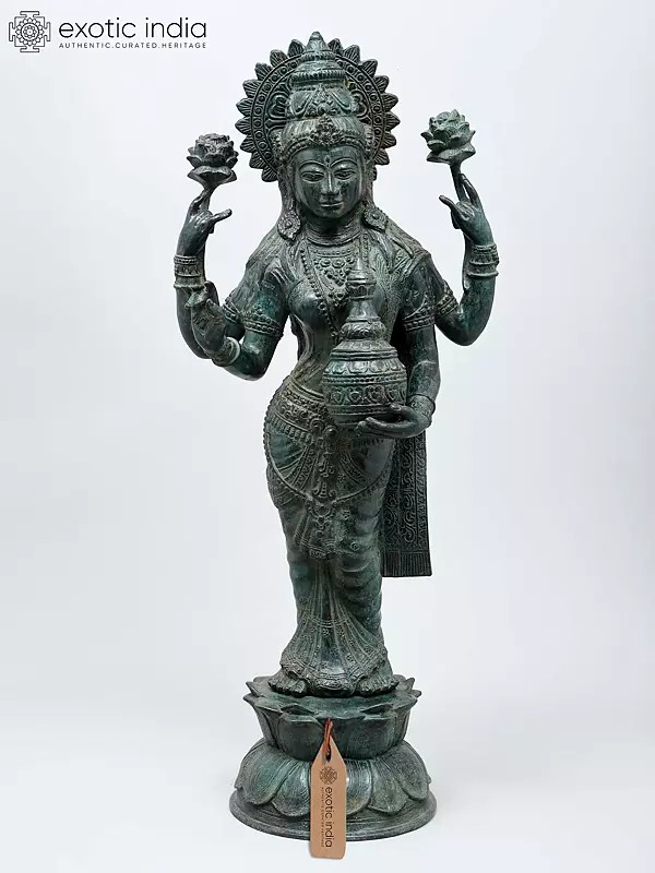 27" Standing Goddess Lakshmi with Wealth Pot | Brass Statue