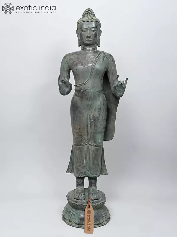 46" Large Standing Lord Buddha in Karana Mudra | Brass Statue