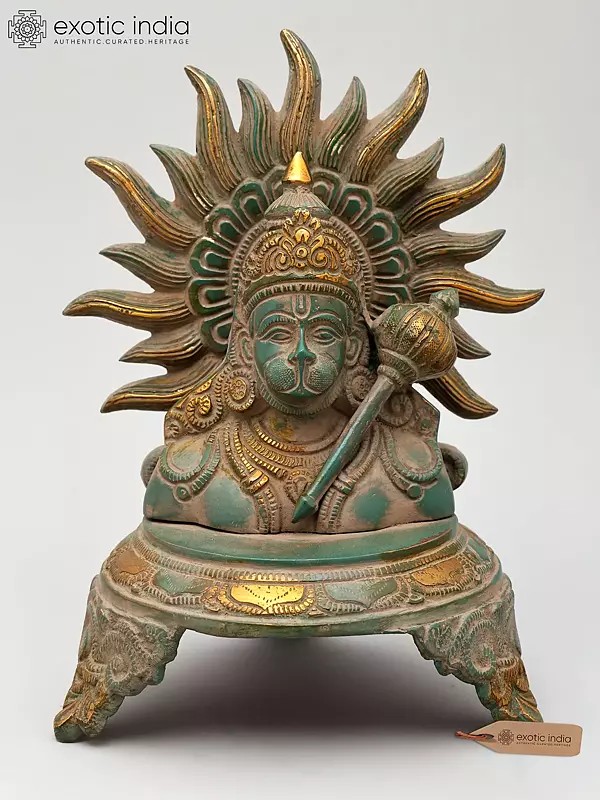 9" Lord Hanuman Bust on Pedestal with Mace | Brass Statue | Made in India
