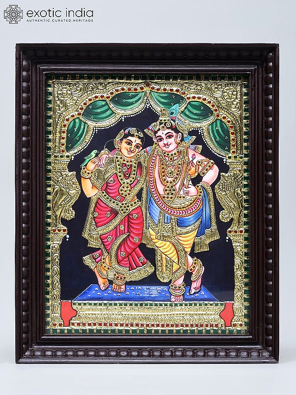 Lord Krishna and Rukmini - Handmade Tanjore Painting | Traditional Colors with 24 Karat Gold | With Frame