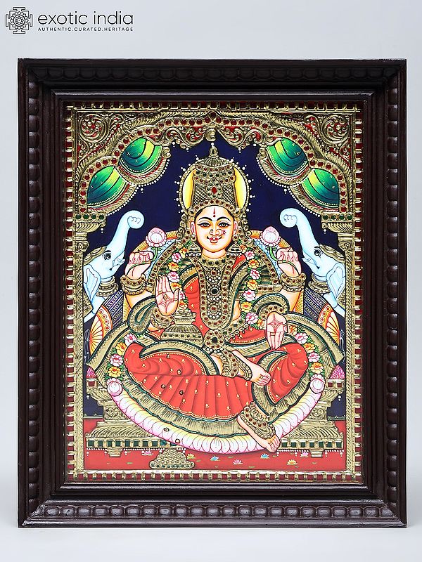 Goddess Gajalakshmi Seated on Throne | Traditional Colors with 24 Karat Gold | Tanjore Painting with Frame