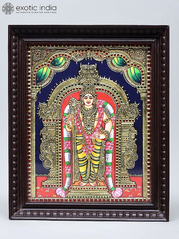 Standing Lord Kartikeya with Kirtimukha Throne | Traditional Colors with 24 Karat Gold | Tanjore Painting with Frame