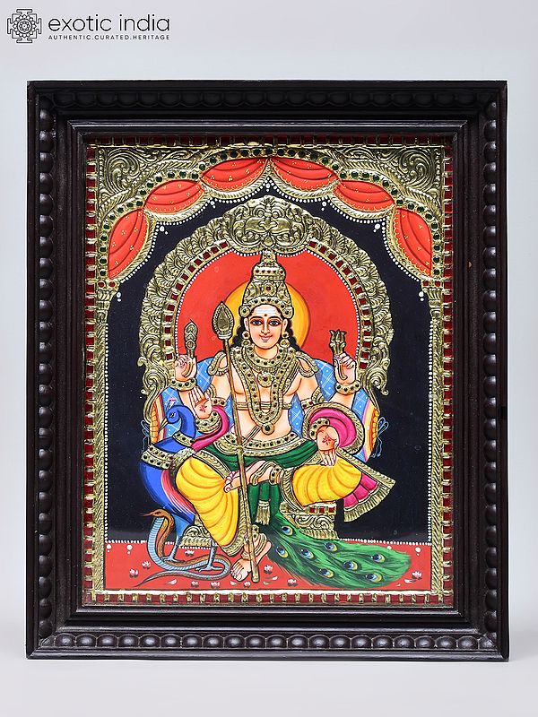 Chaturbhuja Lord Kartikeya Seated on Kirtimukha Throne | Traditional Colors with 24 Karat Gold | Tanjore Painting with Frame