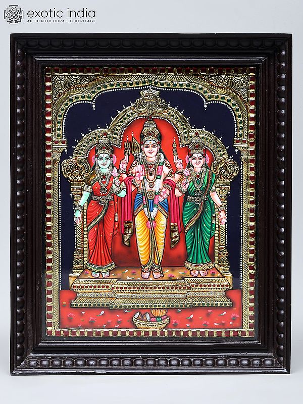 Lord Kartikeya Standing with Devasena and Valli | Traditional Colors with 24 Karat Gold | Tanjore Painting with Frame