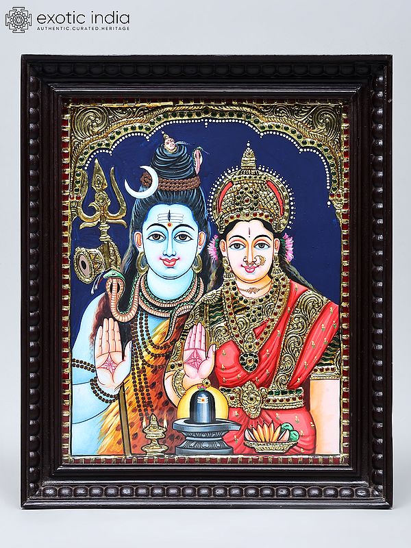 Lord Shiva and Goddess Parvati in Blessing Posture | Traditional Colors with 24 Karat Gold | Tanjore Painting with Frame