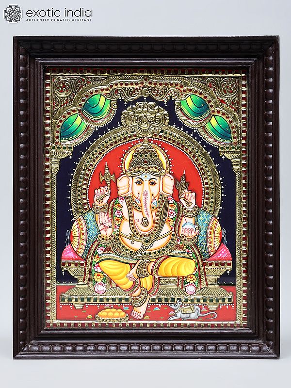 Lord Ganapati Seated on Kirtimukha Throne with Mushaka | Traditional Colors with 24 Karat Gold | Tanjore Painting with Frame