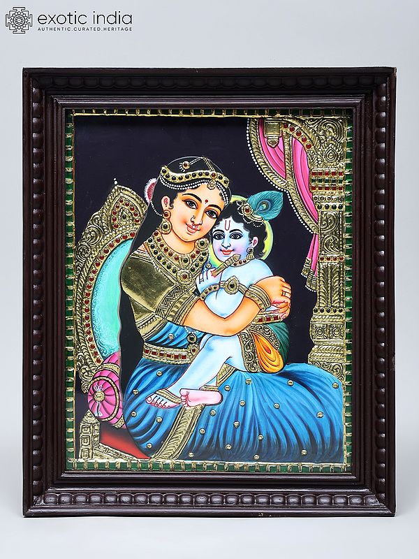 Nandlal Kanhaiya in Lap of Maiya Yashoda | Traditional Colors with 24 Karat Gold | Tanjore Painting with Frame