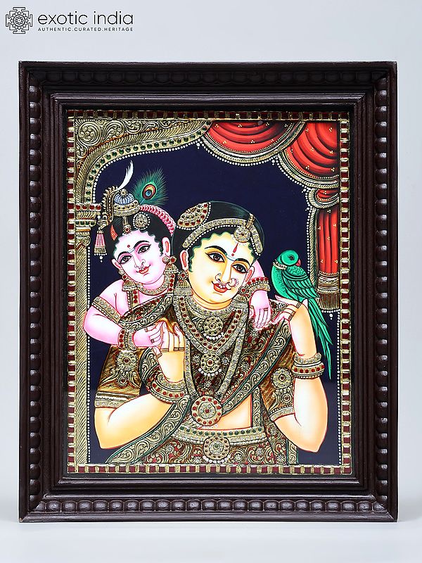 Bal Krishna and Maiya Yashoda | Traditional Colors with 24 Karat Gold | Tanjore Painting with Frame