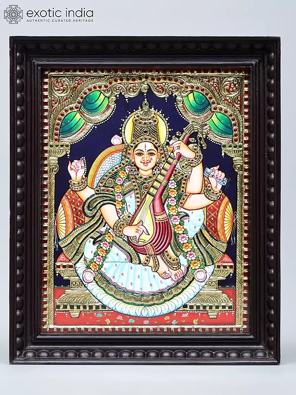 Four Armed Goddess Saraswati Playing Sitar | Traditional Colors with 24 Karat Gold | Tanjore Painting with Frame