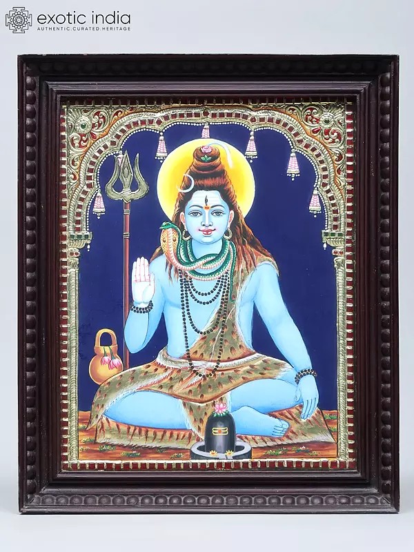Lord Shiva Seated in Blessing Gesture | Traditional Colors with 24 Karat Gold | Tanjore Painting with Frame