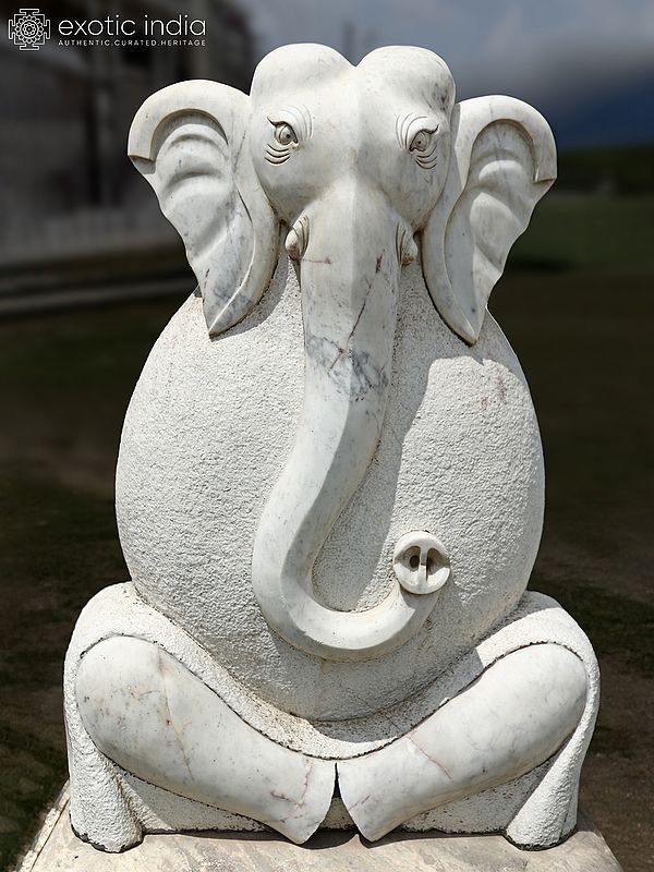 43" Sitting Lord Ganesha | Modern Art White Marble Statue | Exquisite Indian Art