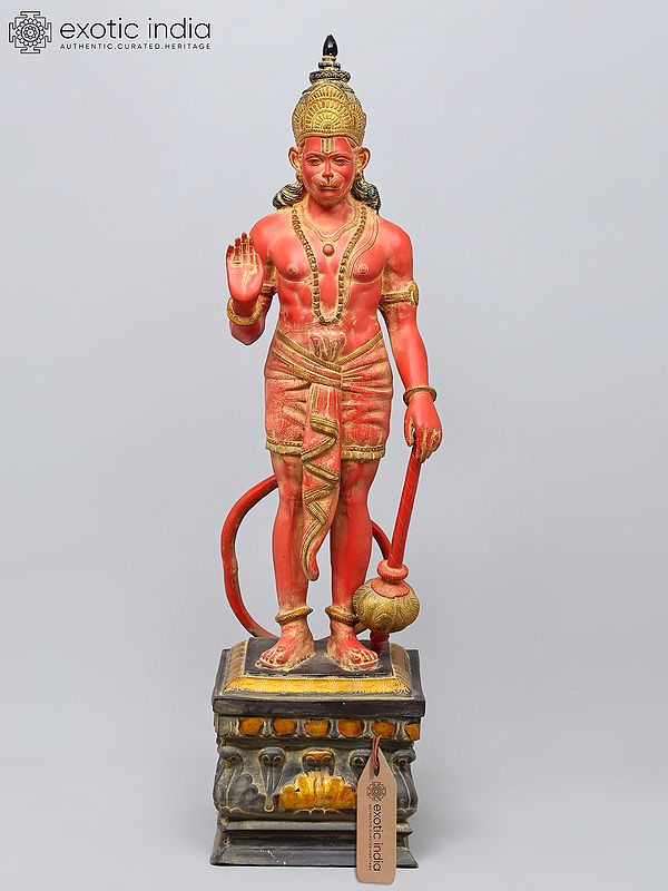 44" Large Standing Lord Hanuman in Sindoori Color | Brass Statue