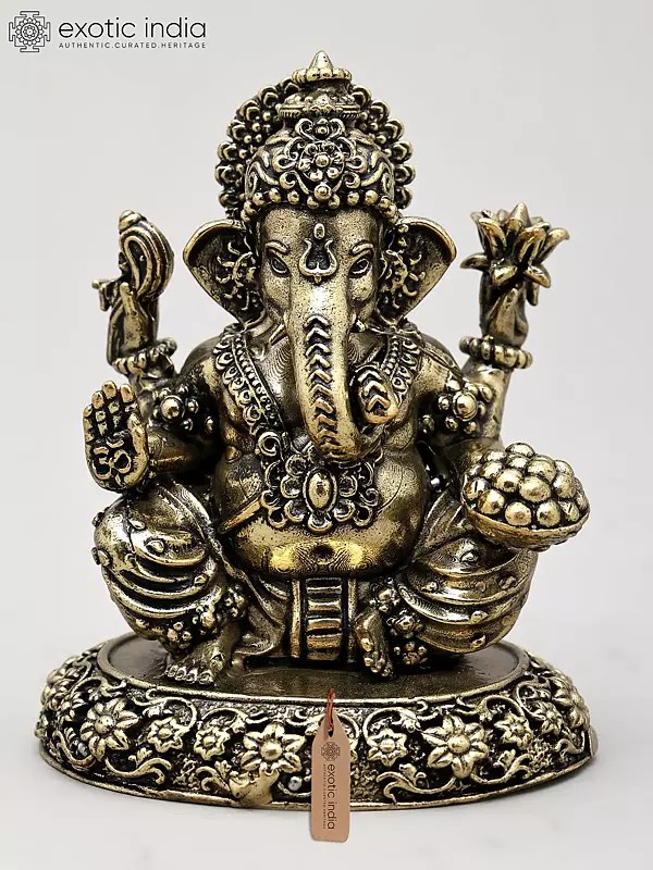 3" Small Superfine Four Armed Blessing Lord Ganesha | Brass Statue