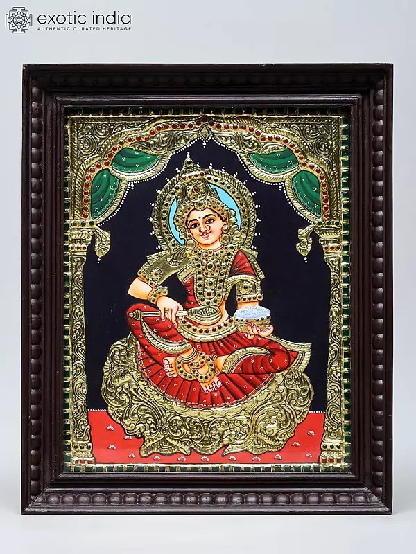 Seated Goddess Annapurna | Handmade Tanjore Painting | Traditional Colors with 24 Karat Gold | With Frame