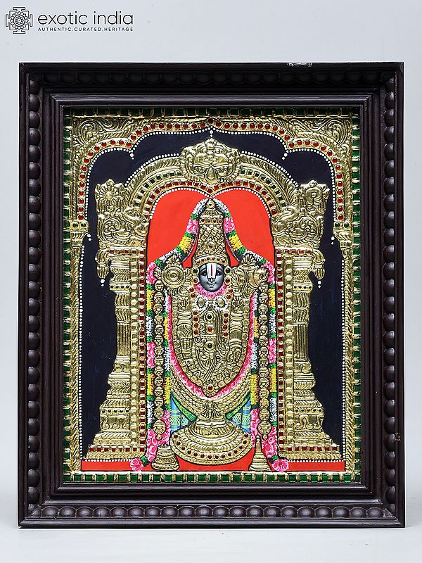 Lord Tirupati Balaji with Kirtimukha Arch | Handmade Tanjore Painting | Traditional Colors with 24 Karat Gold | With Frame